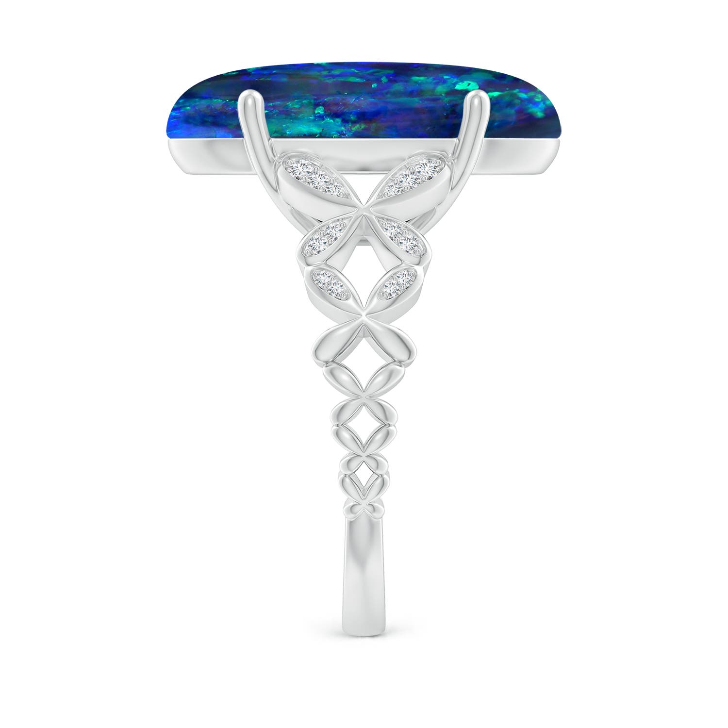 18.60x8.45x6.10mm AAAA GIA Certified Oval Black Opal Diamond studded Butterfly Cocktail Ring in White Gold - side 6