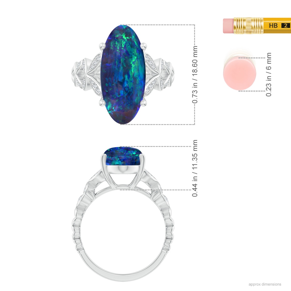 18.60x8.45x6.10mm AAAA GIA Certified Oval Black Opal Diamond studded Butterfly Cocktail Ring in White Gold ruler