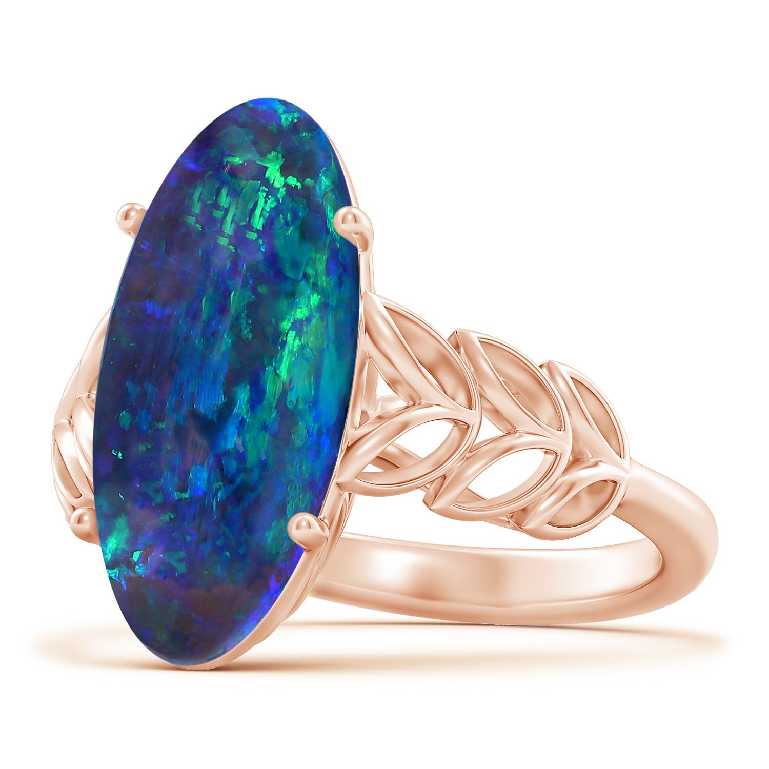 18.60x8.45x6.10mm AAAA GIA Certified Black Opal Ring with Leaf Motifs. in 18CT Rose Gold