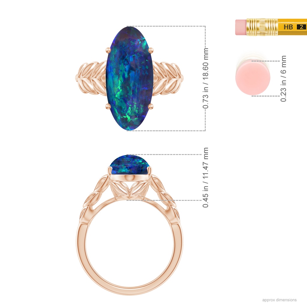 18.60x8.45x6.10mm AAAA GIA Certified Black Opal Ring with Leaf Motifs. in Rose Gold ruler