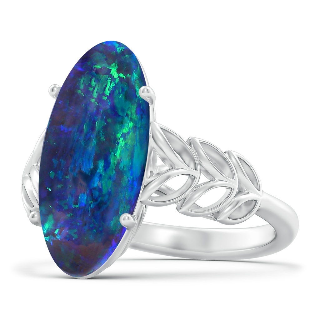 18.60x8.45x6.10mm AAAA GIA Certified Black Opal Ring with Leaf Motifs. in White Gold