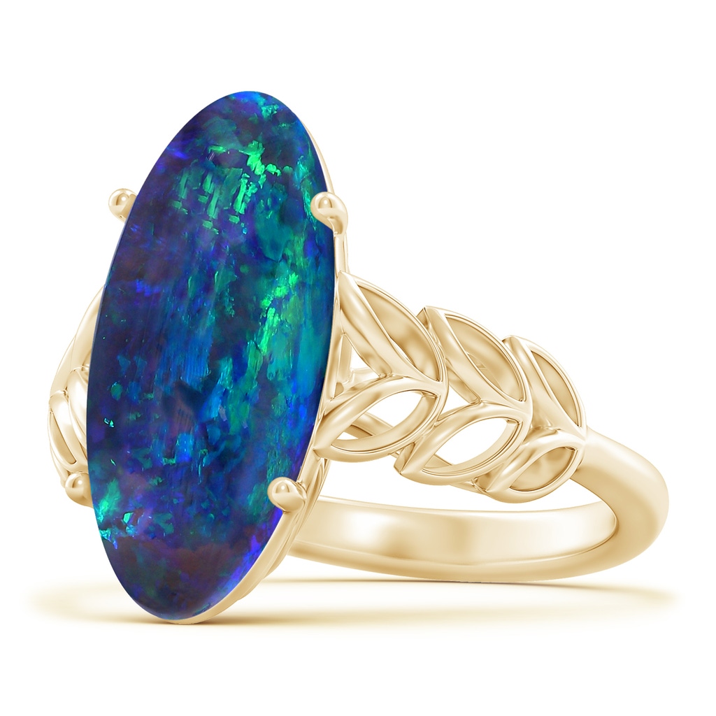 18.60x8.45x6.10mm AAAA GIA Certified Black Opal Ring with Leaf Motifs. in Yellow Gold