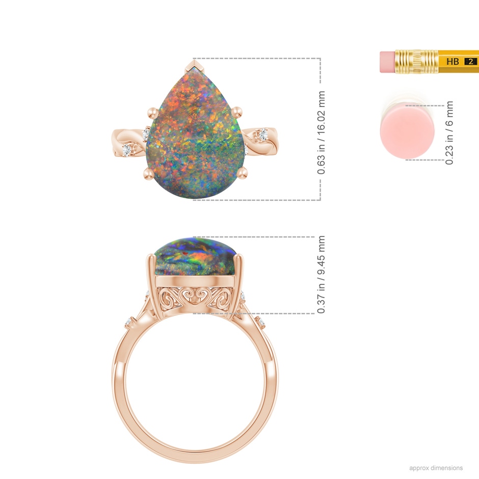 15.18x11.40x4.22mm AAA Claw-Set GIA Certified Solitaire Pear-Shaped Black Opal Twisted Shank Ring with Scrollwork. in Rose Gold ruler