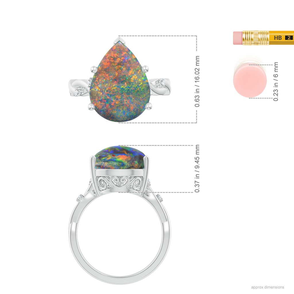 15.18x11.40x4.22mm AAA Claw-Set GIA Certified Solitaire Pear-Shaped Black Opal Twisted Shank Ring with Scrollwork. in White Gold ruler