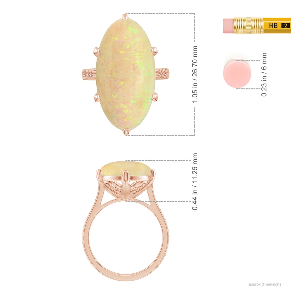 23.95x12.67x4.75mm AAA Peg-Set GIA Certified Solitaire Oval Opal Feather Ring with Scrollwork in 18K Rose Gold ruler