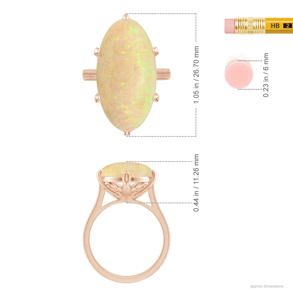 23.95x12.67x4.75mm AAA Peg-Set GIA Certified Solitaire Oval Opal Feather Ring with Scrollwork in Rose Gold ruler