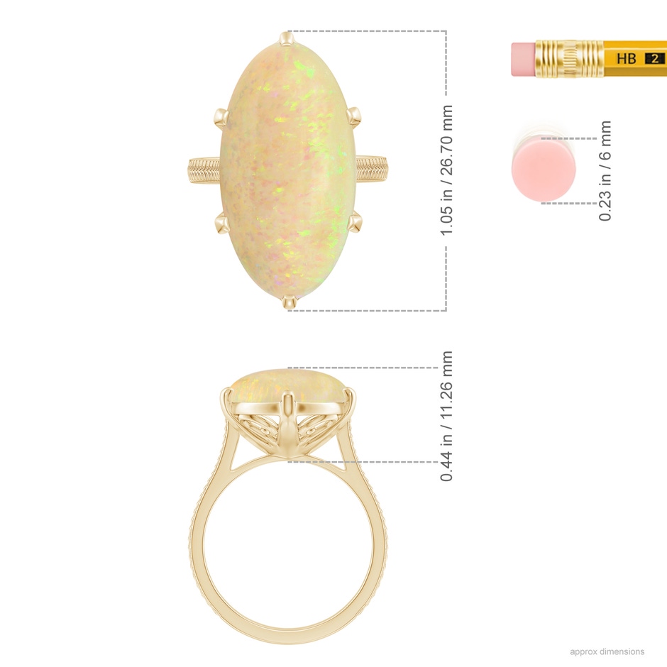 23.95x12.67x4.75mm AAA Peg-Set GIA Certified Solitaire Oval Opal Feather Ring with Scrollwork in Yellow Gold ruler