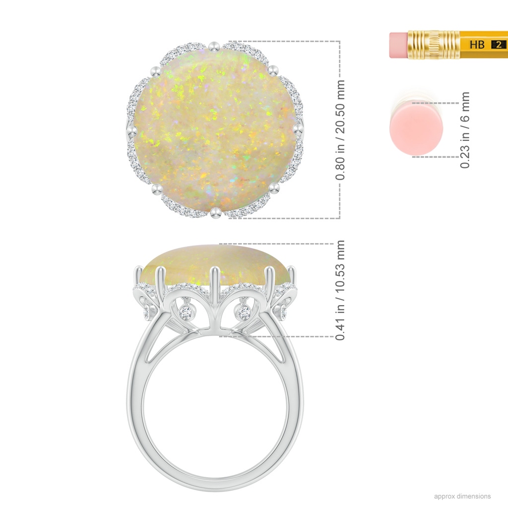 18.12-18.26x4.06mm AAA GIA Certified Round Opal Ring with Floral Halo with Dangling Diamonds in White Gold ruler