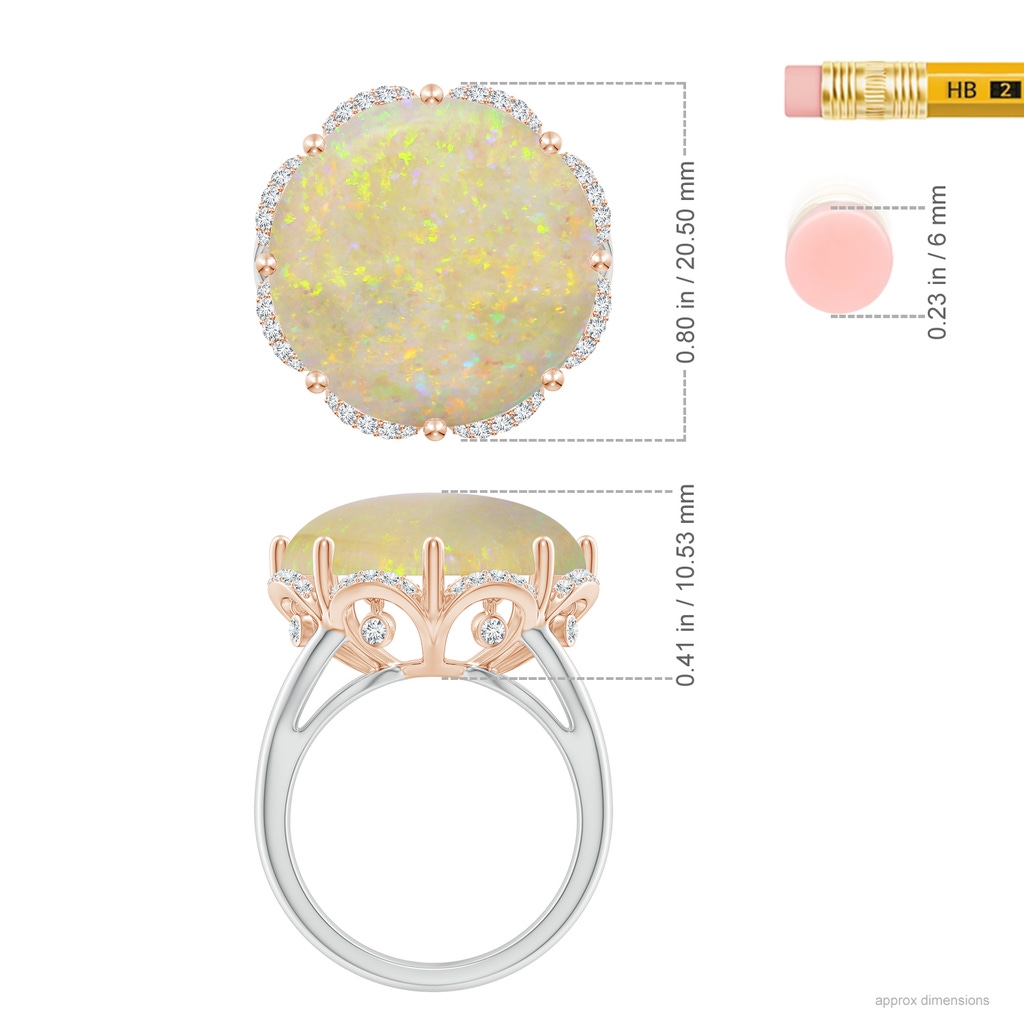 18.12-18.26x4.06mm AAA GIA Certified Round Opal Ring with Floral Halo with Dangling Diamonds in White Gold Rose Gold ruler