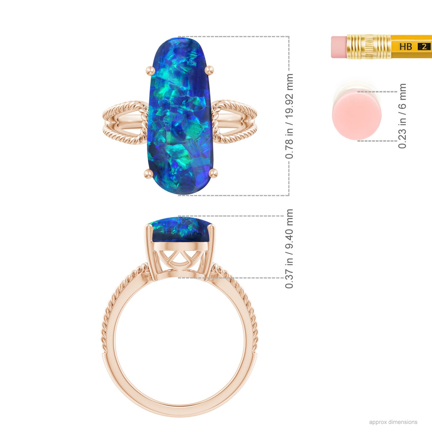 19.92x8.39x5.05mm AAAA GIA Certified Oval Black Opal Twist Rope Split Shank Ring in Rose Gold - ruler