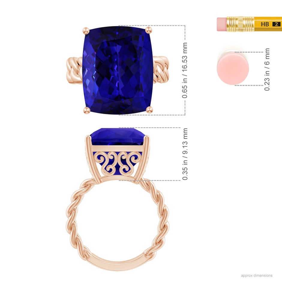 16.50x11.64x8.75mm AAAA GIA Certified Rectangular Cushion Tanzanite Cuban Chain Solitaire Ring in Rose Gold ruler