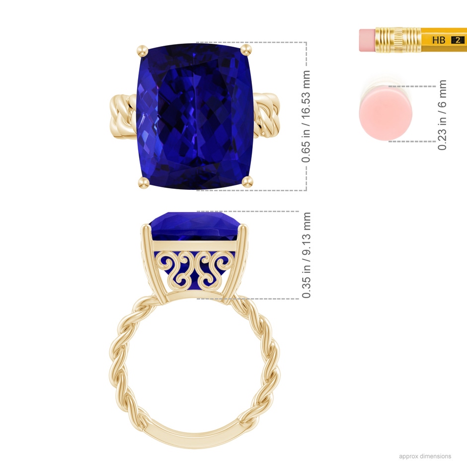 16.50x11.64x8.75mm AAAA GIA Certified Rectangular Cushion Tanzanite Cuban Chain Solitaire Ring in Yellow Gold ruler