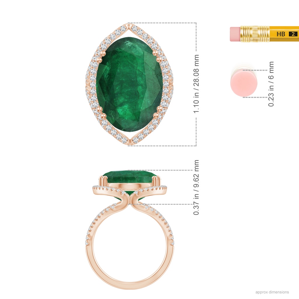 20.38x14.37x8.76mm A GIA Certified Oval Emerald Split Shank Halo Ring in Rose Gold ruler