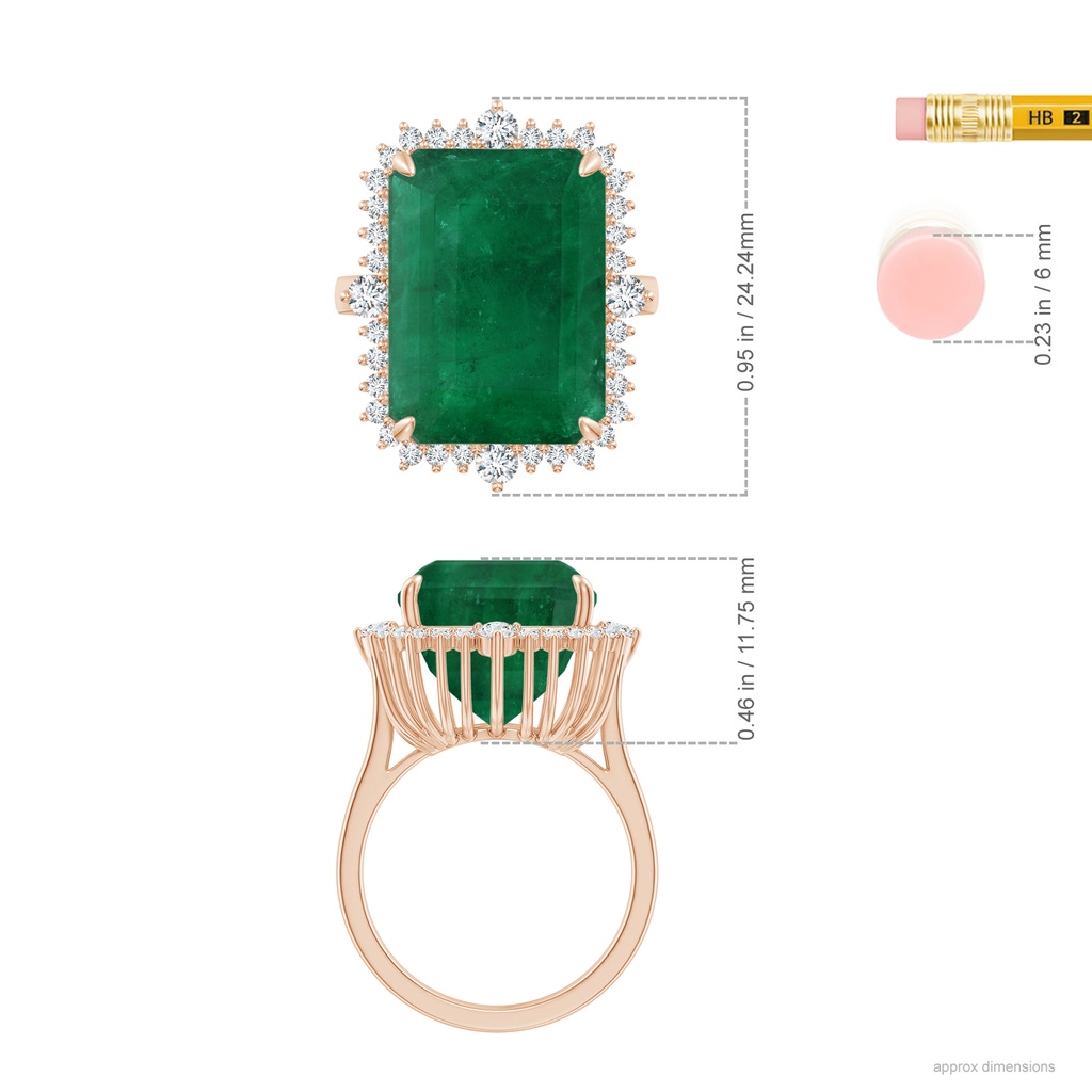 16.92x12.42x10.75mm A Art Deco-Inspired GIA Certified Emerald-Cut Emerald Halo Ring in Rose Gold ruler