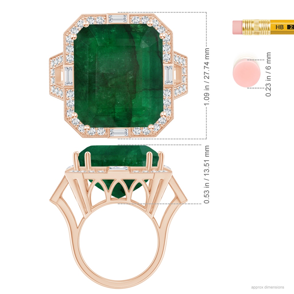 21.24x18.27x12.26mm A Art Deco-Inspired GIA Certified Emerald-Cut Emerald Ring With Halo in Rose Gold ruler
