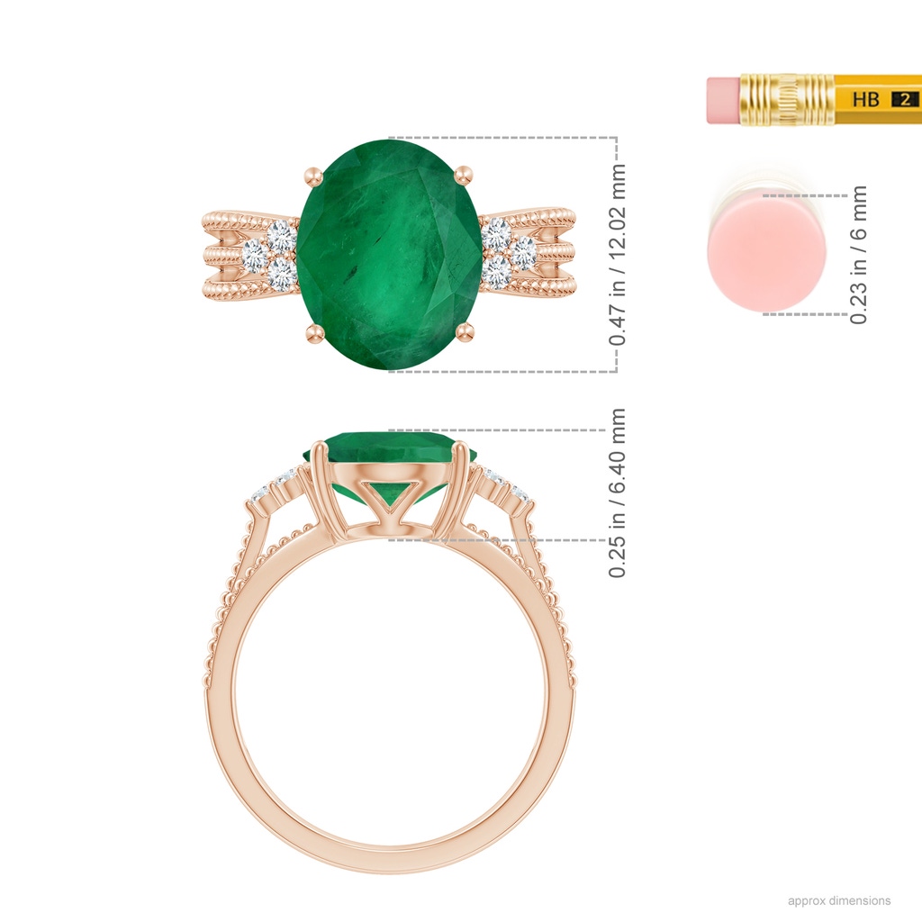 12.02x9.84x6.76mm A Classic GIA Certified Oval Emerald Solitaire Ring With Trio Diamonds in Rose Gold ruler