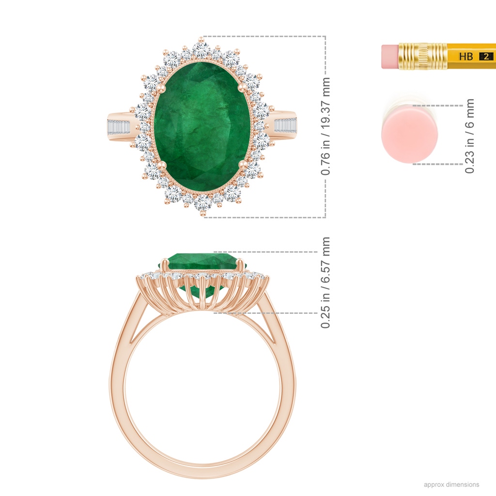 13.16x9.69x5.86mm AA Classic GIA Certified Oval Emerald Ring With Diamond Halo in 10K Rose Gold ruler