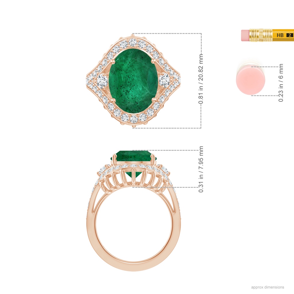13.67x10.41x6.54mm A Vintage-Inspired GIA Certified Oval Emerald Cage Style Ring With Halo in Rose Gold ruler