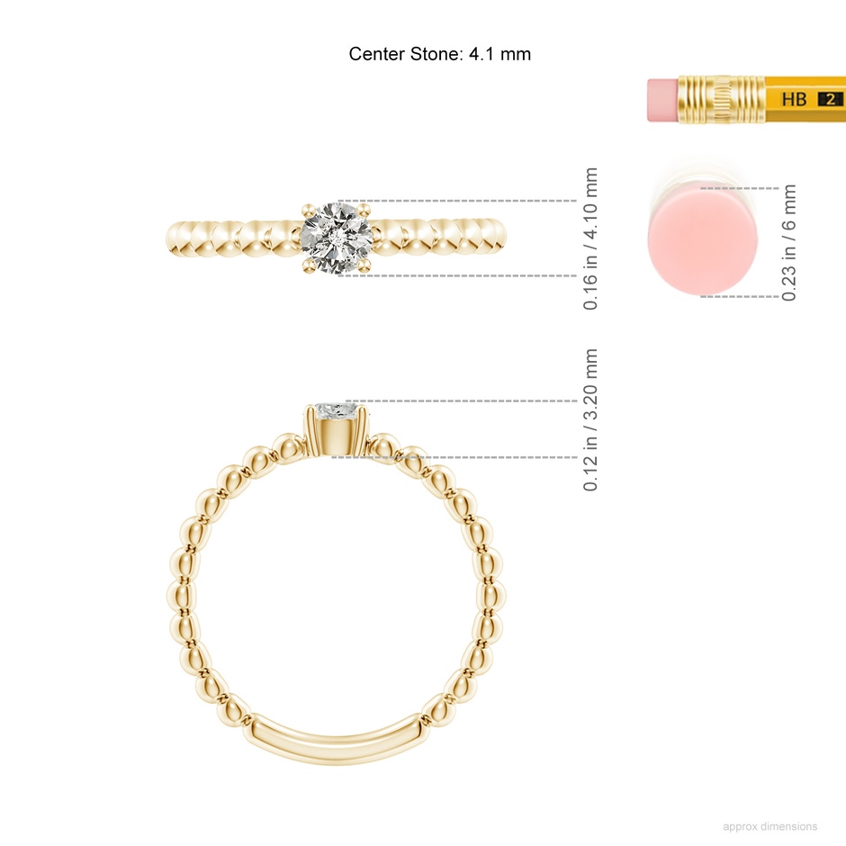 4.1mm KI3 Round Diamond Solitaire Beaded Shank Ring in Yellow Gold ruler