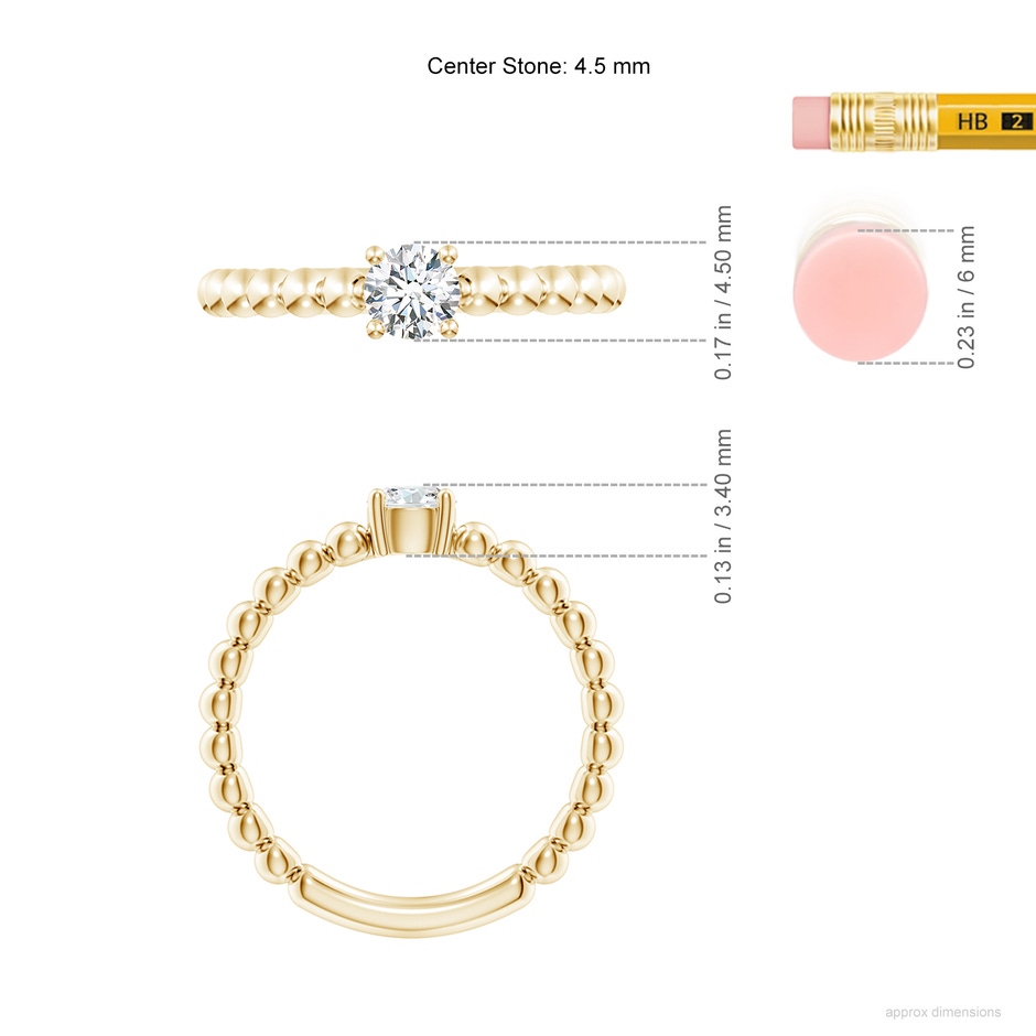 4.5mm GVS2 Round Diamond Solitaire Beaded Shank Ring in Yellow Gold ruler
