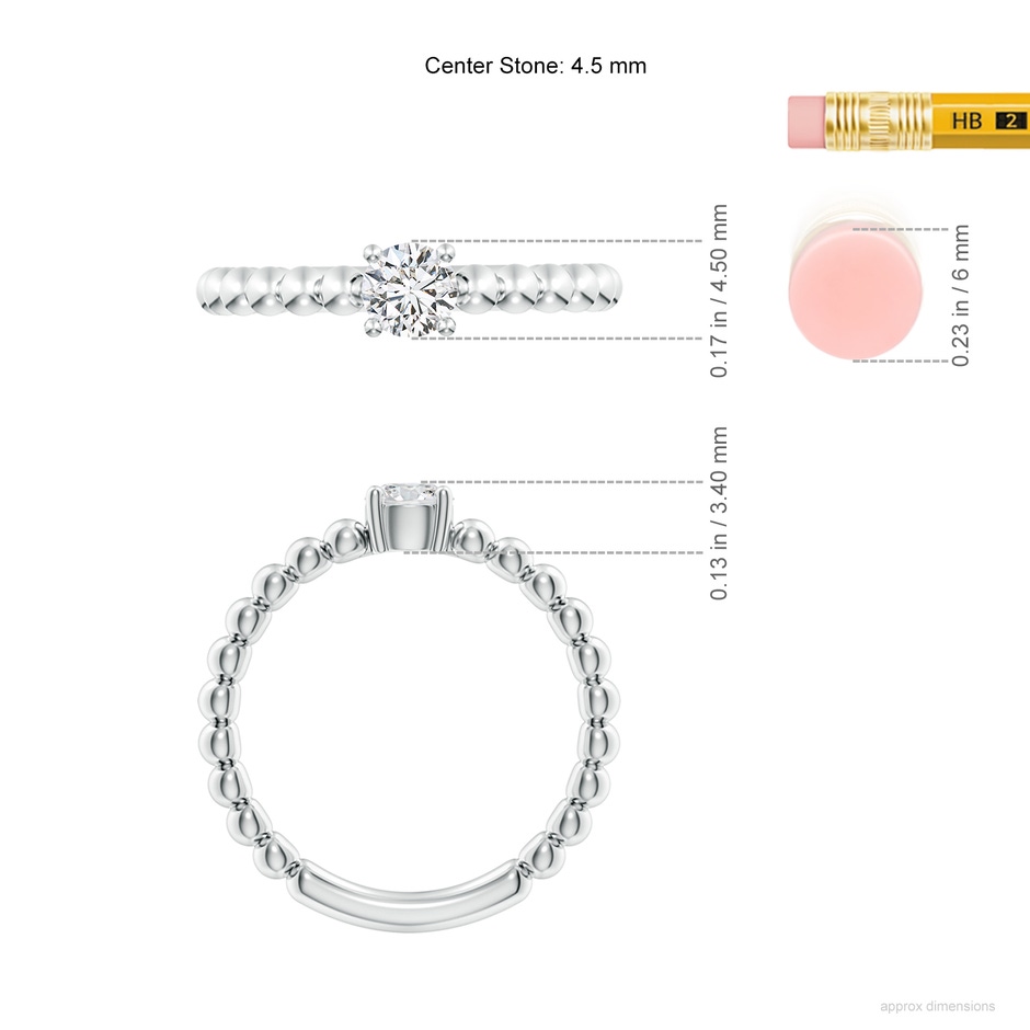 4.5mm HSI2 Round Diamond Solitaire Beaded Shank Ring in White Gold ruler