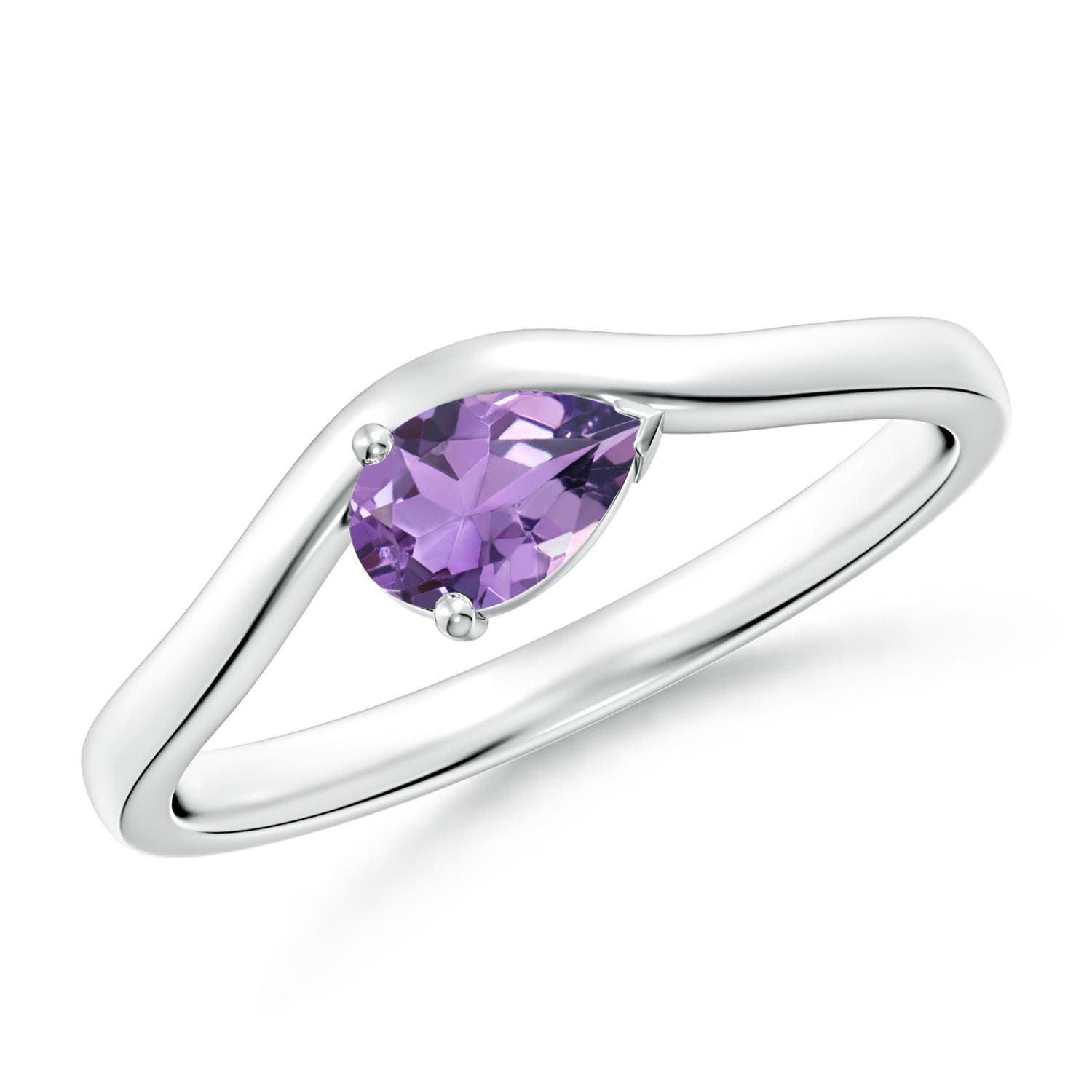 6x4mm A East-West Pear Amethyst Wave Shank Solitaire Ring in White Gold