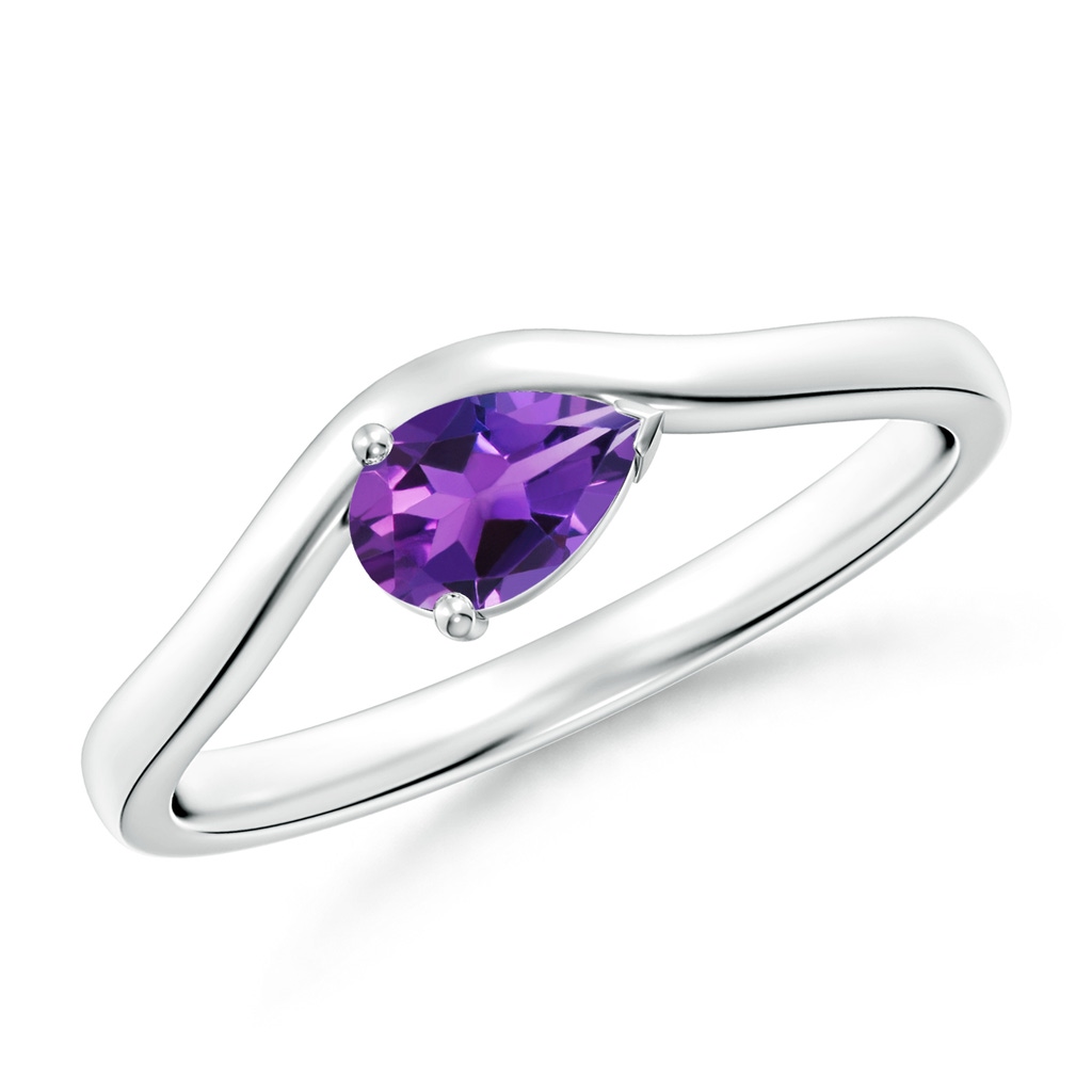 6x4mm AAAA East-West Pear Amethyst Wave Shank Solitaire Ring in White Gold