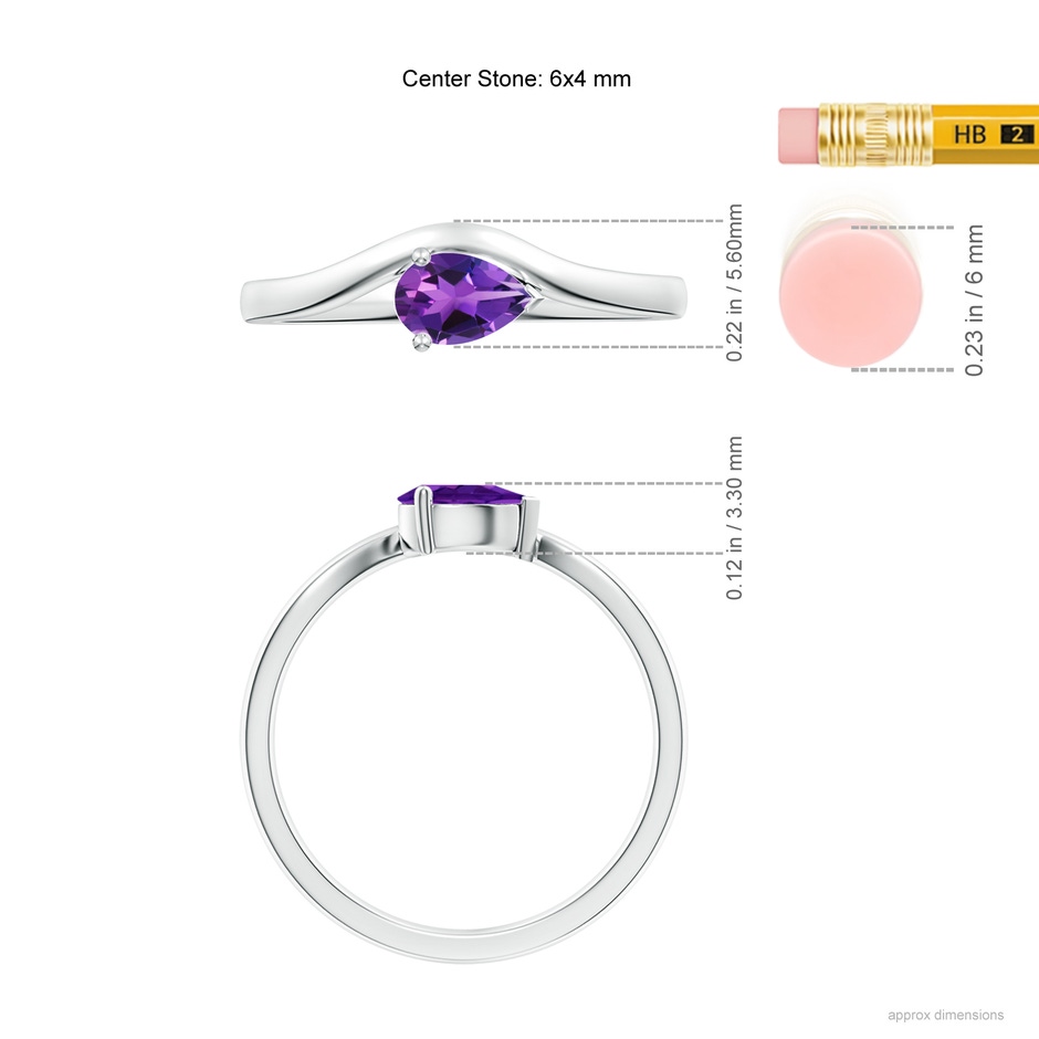 6x4mm AAAA East-West Pear Amethyst Wave Shank Solitaire Ring in White Gold ruler