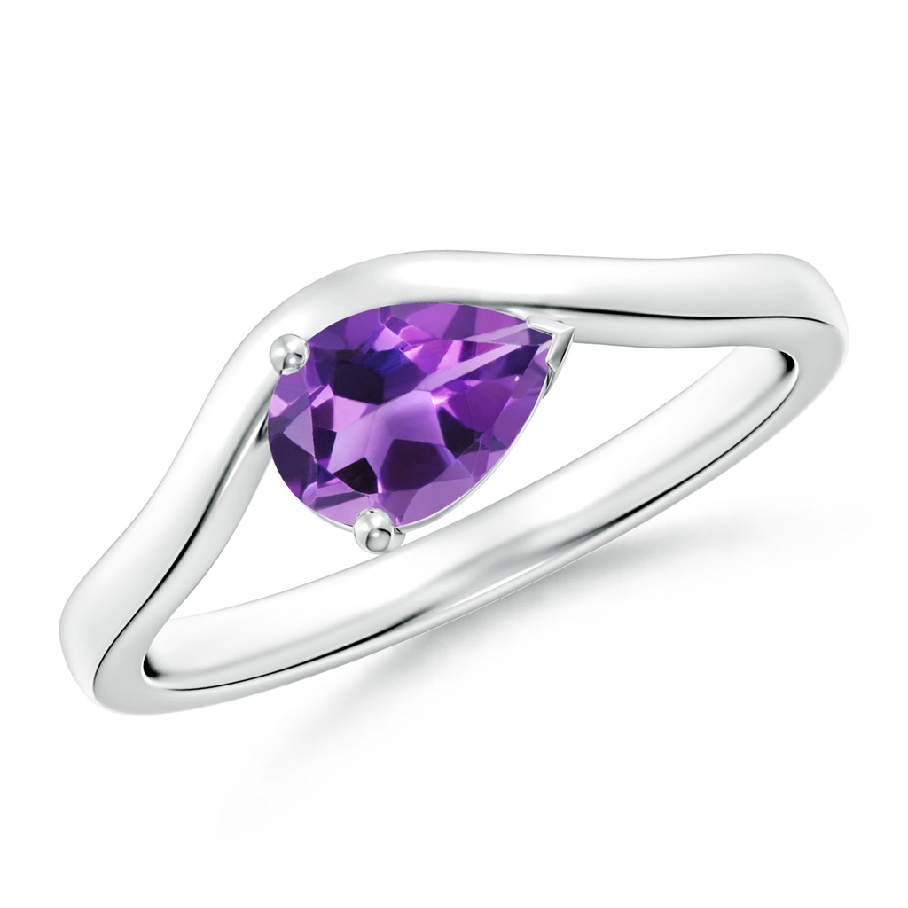 7x5mm AAA East-West Pear Amethyst Wave Shank Solitaire Ring in White Gold