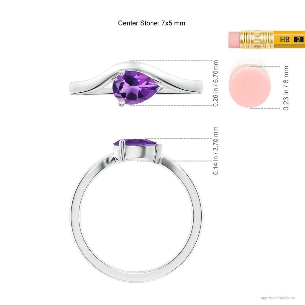 7x5mm AAA East-West Pear Amethyst Wave Shank Solitaire Ring in White Gold ruler