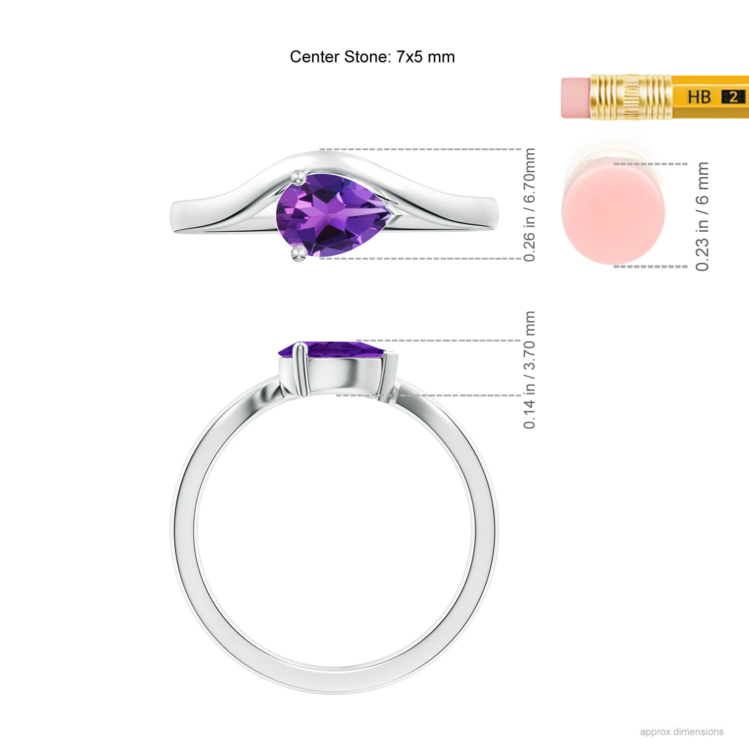 7x5mm AAAA East-West Pear Amethyst Wave Shank Solitaire Ring in White Gold - ruler