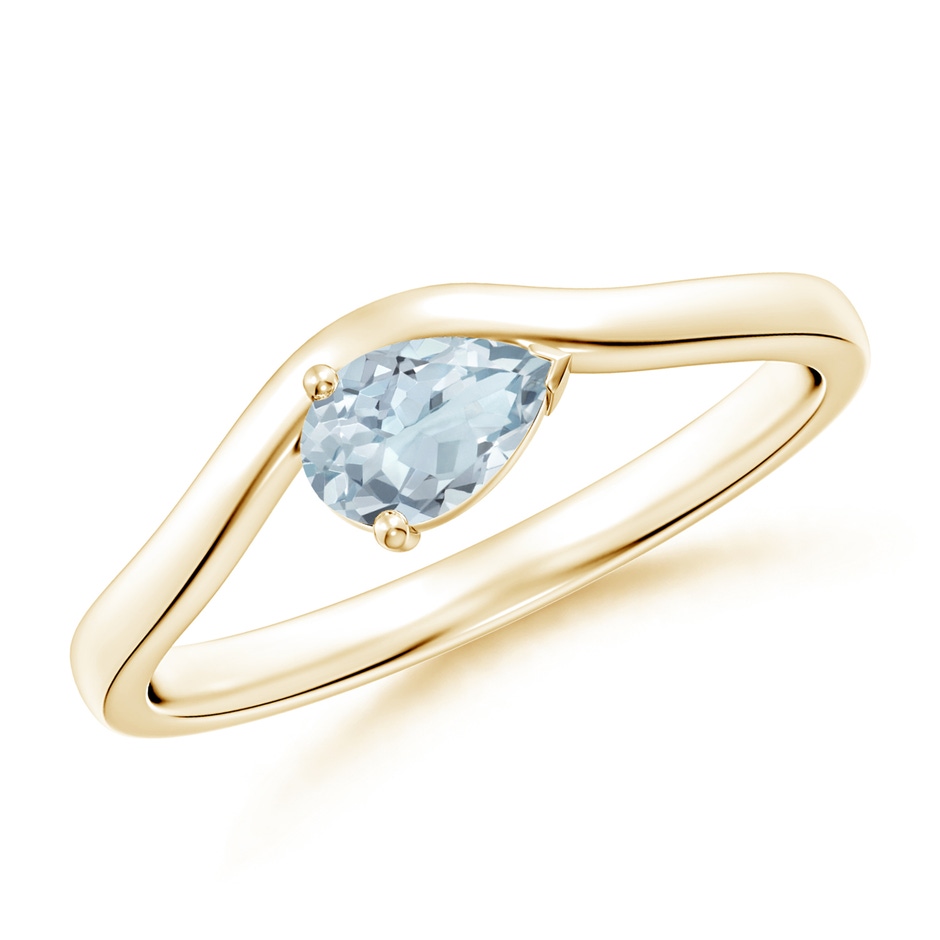 6x4mm A East-West Pear Aquamarine Wave Shank Solitaire Ring in Yellow Gold 