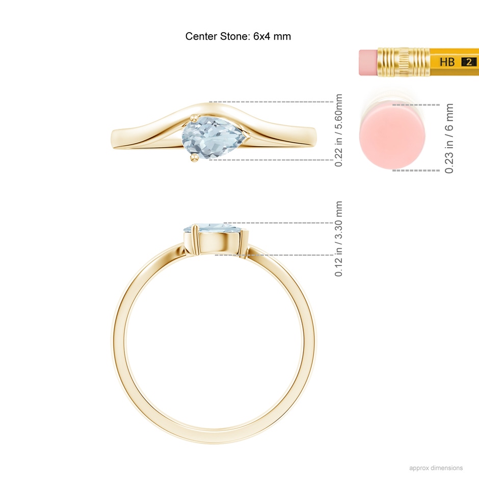 6x4mm A East-West Pear Aquamarine Wave Shank Solitaire Ring in Yellow Gold ruler