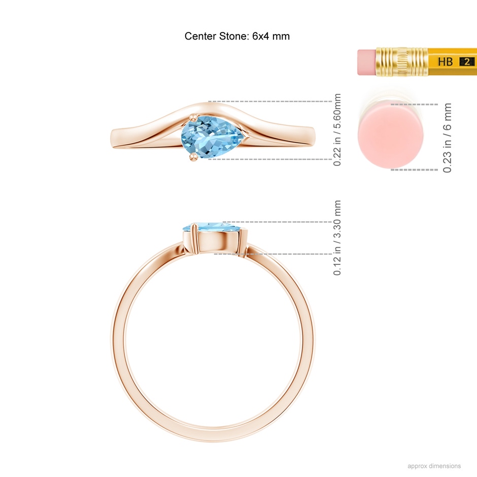 6x4mm AAAA East-West Pear Aquamarine Wave Shank Solitaire Ring in Rose Gold ruler