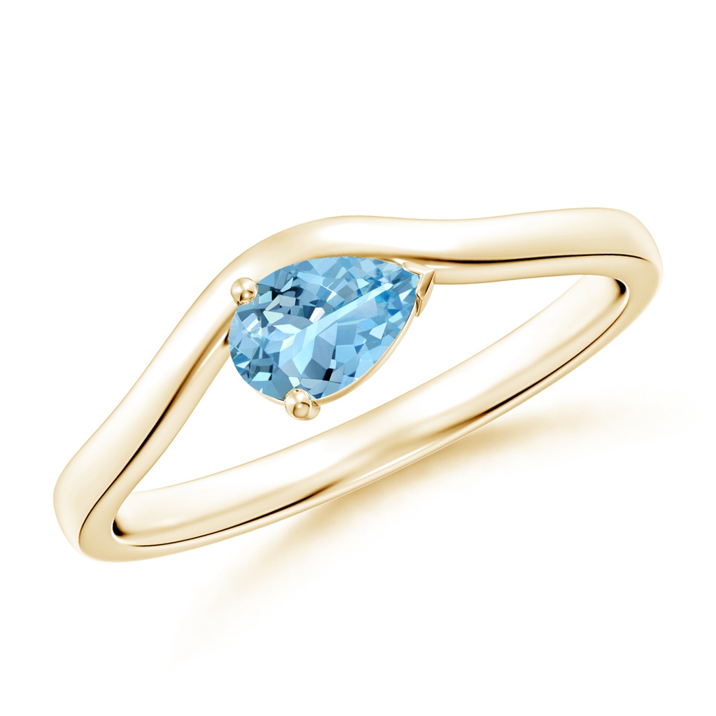 6x4mm AAAA East-West Pear Aquamarine Wave Shank Solitaire Ring in Yellow Gold