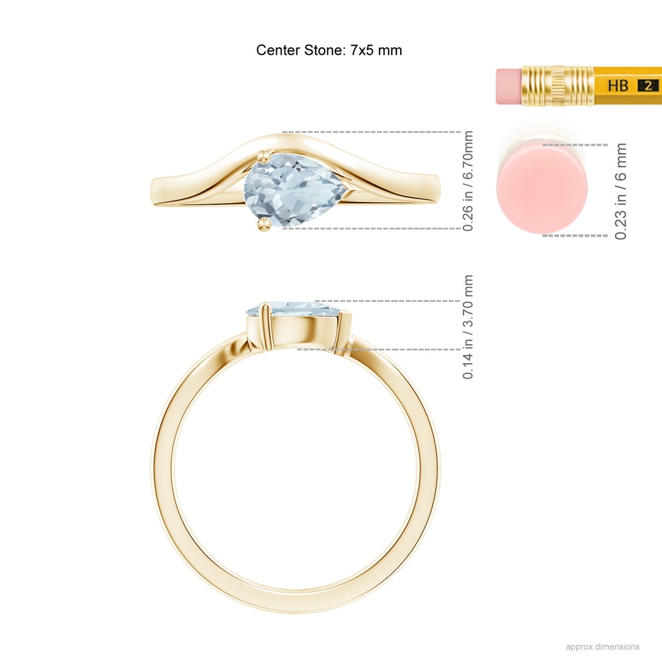 7x5mm A East-West Pear Aquamarine Wave Shank Solitaire Ring in Yellow Gold ruler