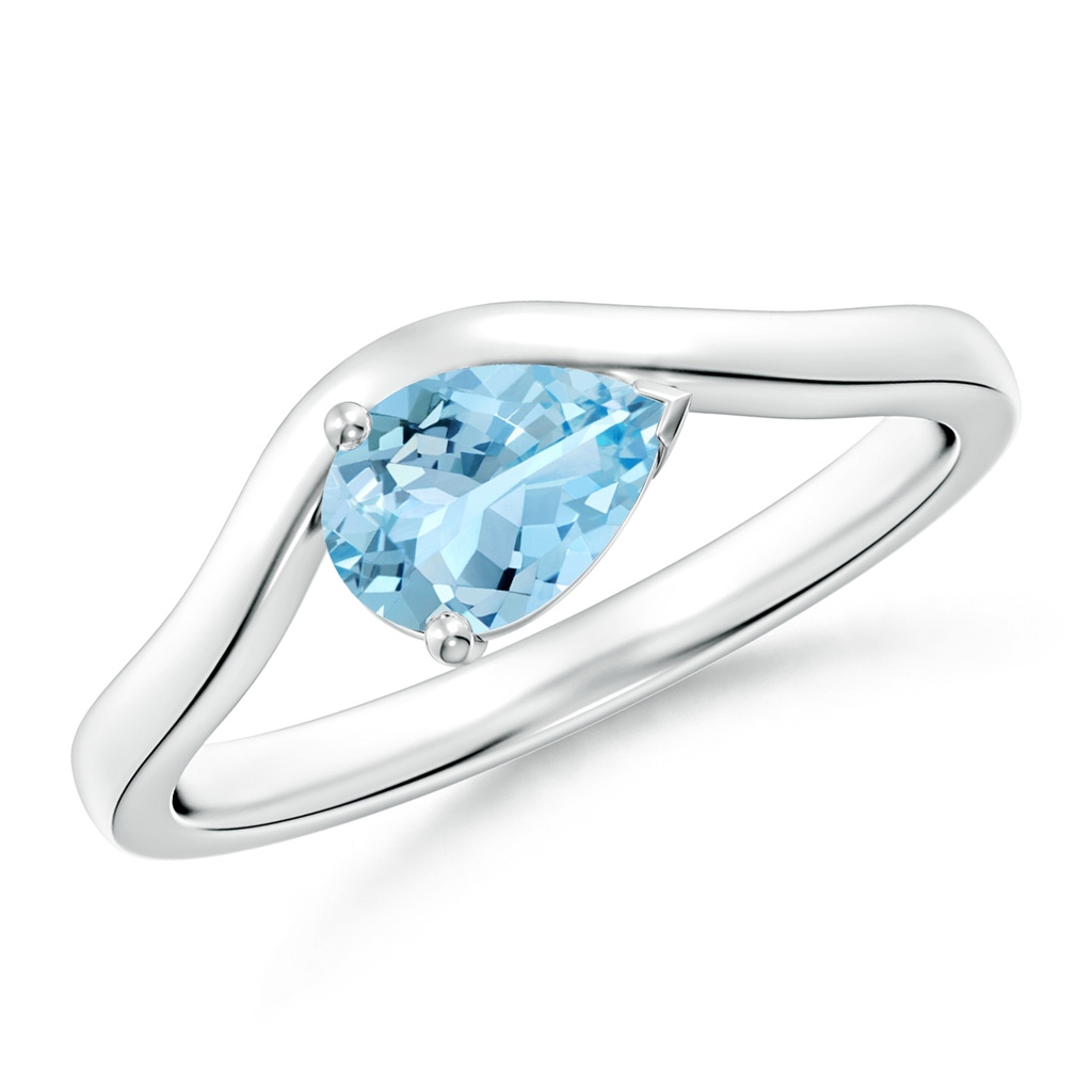 7x5mm AAAA East-West Pear Aquamarine Wave Shank Solitaire Ring in White Gold