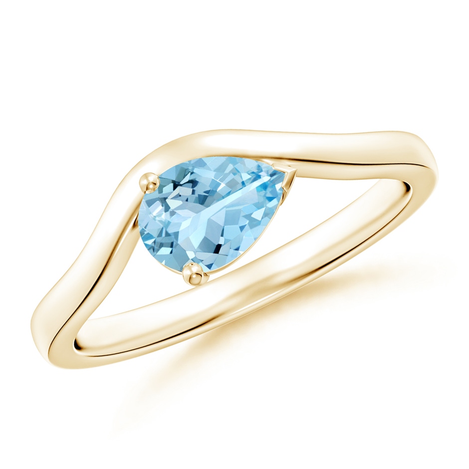 7x5mm AAAA East-West Pear Aquamarine Wave Shank Solitaire Ring in Yellow Gold 