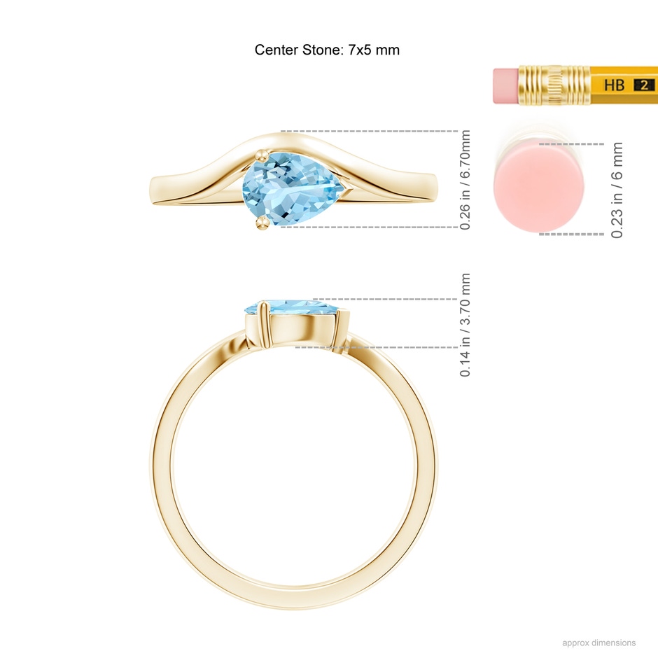 7x5mm AAAA East-West Pear Aquamarine Wave Shank Solitaire Ring in Yellow Gold ruler