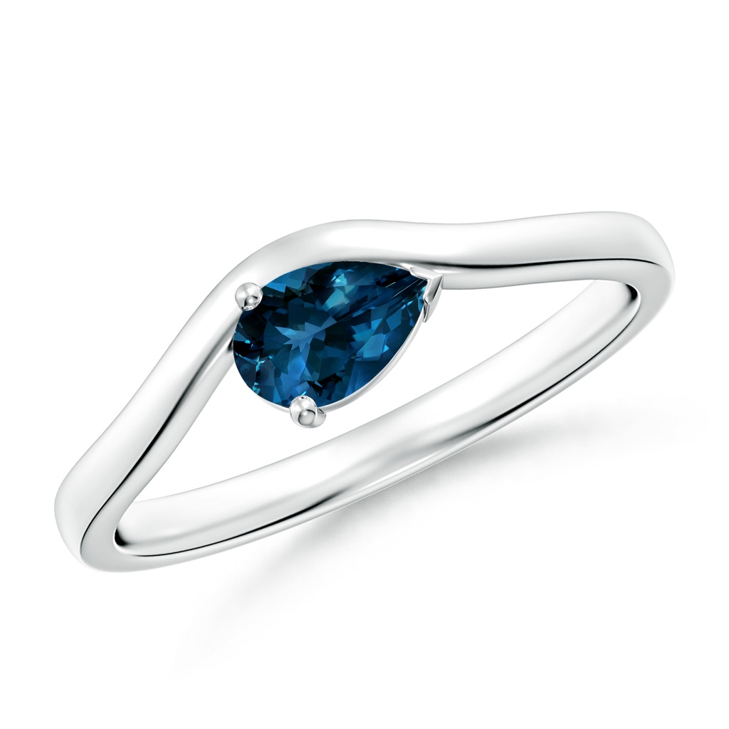 6x4mm AAAA East-West Pear London Blue Topaz Wave Shank Solitaire Ring in White Gold