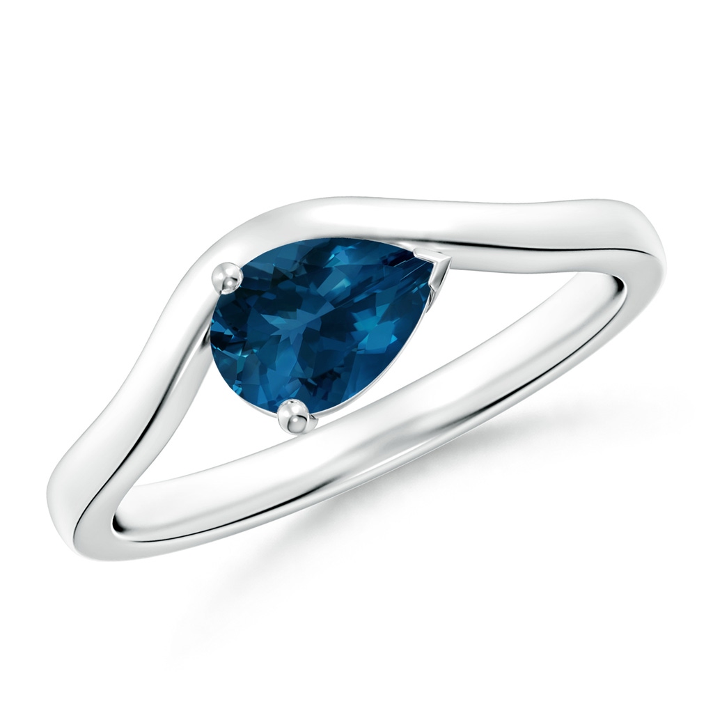 7x5mm AAA East-West Pear London Blue Topaz Wave Shank Solitaire Ring in White Gold