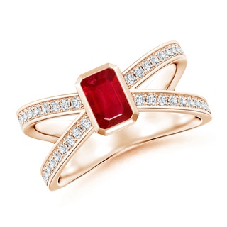 6x4mm AAA Emerald-Cut Ruby Criss Cross Solitaire Ring in Rose Gold