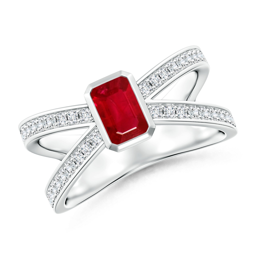 6x4mm AAA Emerald-Cut Ruby Criss Cross Solitaire Ring in White Gold