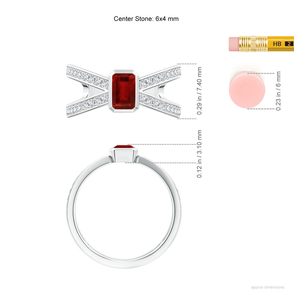 6x4mm AAAA Emerald-Cut Ruby Criss Cross Solitaire Ring in P950 Platinum ruler