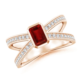 6x4mm AAAA Emerald-Cut Ruby Criss Cross Solitaire Ring in Rose Gold