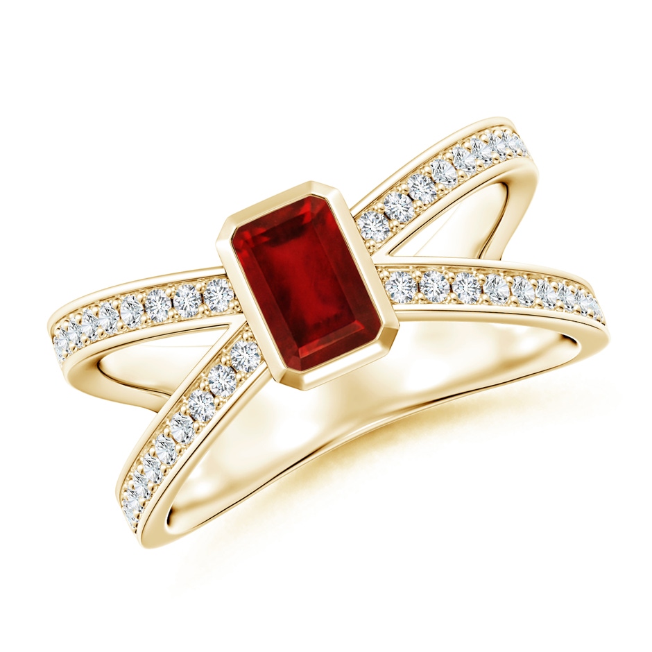 6x4mm AAAA Emerald-Cut Ruby Criss Cross Solitaire Ring in Yellow Gold 