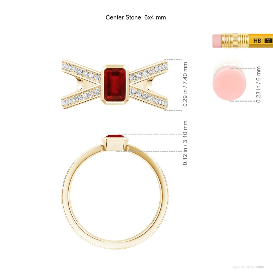 6x4mm AAAA Emerald-Cut Ruby Criss Cross Solitaire Ring in Yellow Gold ruler
