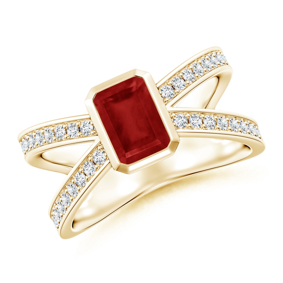 7x5mm AA Emerald-Cut Ruby Criss Cross Solitaire Ring in Yellow Gold 