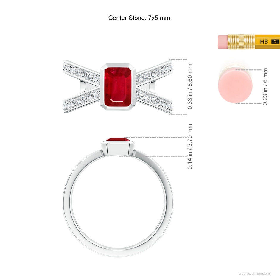 7x5mm AAA Emerald-Cut Ruby Criss Cross Solitaire Ring in P950 Platinum ruler