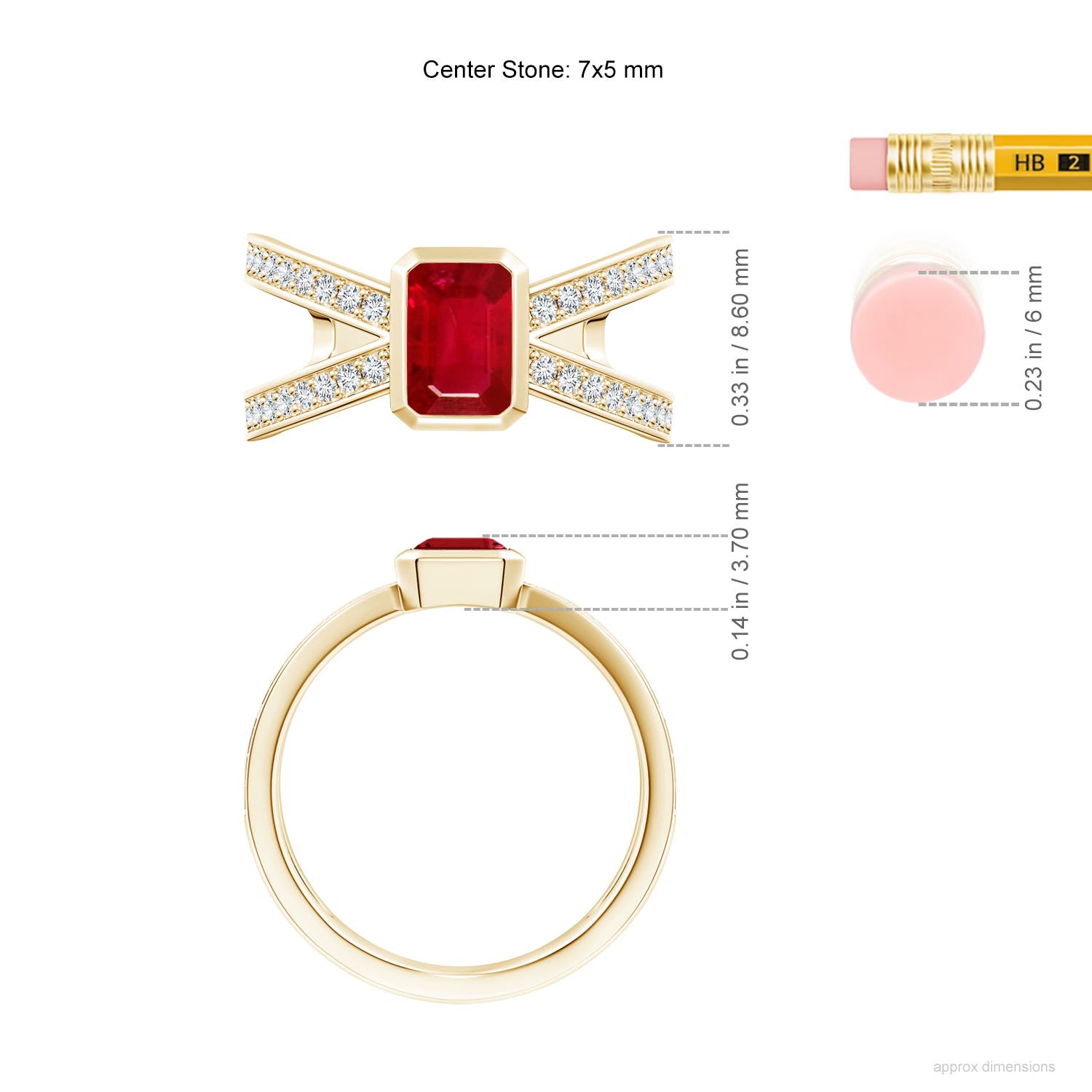 7x5mm AAA Emerald-Cut Ruby Criss Cross Solitaire Ring in Yellow Gold - ruler